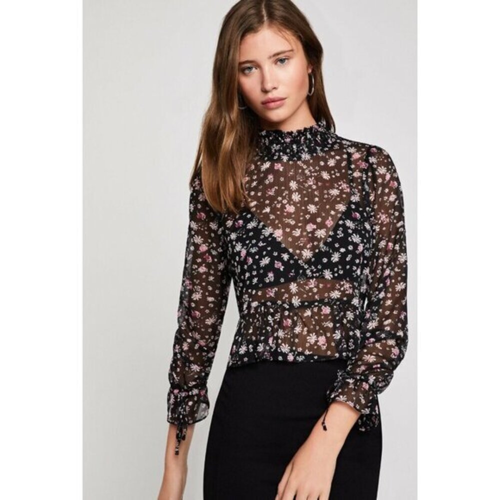 BCBGeneration Blouse Sheer Floral Print Black Chiffon Smocked Top SZ XS NWT $108